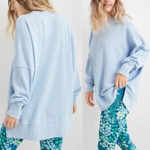 Aerie The Happiest Textured Oversized Crew Sweatshirt L Longline Powder Blue $70